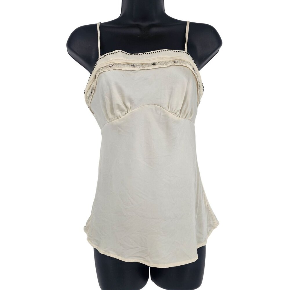 Y2K Vintage Limited Silk Babydoll Cami Top S Beaded Fairy Coquette Ivory‎ Tank